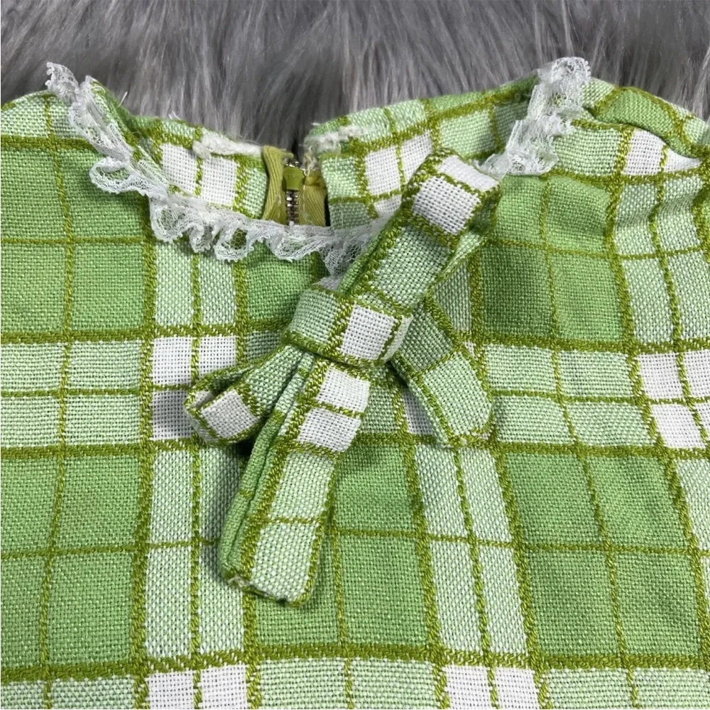 Vintage 60s Handmade Green Plaid Woven Mod Toddler Dress